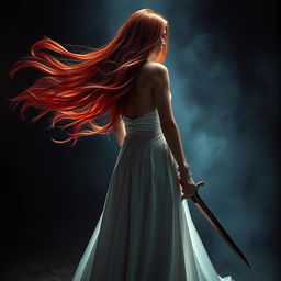 A captivating woman with long red hair flowing freely, wearing an elegant white gown that cascades gracefully to the ground