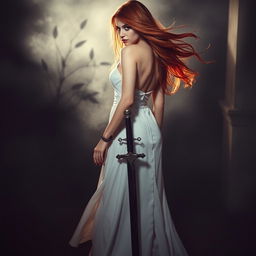 A captivating woman with long red hair flowing freely, wearing an elegant white gown that cascades gracefully to the ground