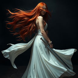 A captivating woman with long red hair flowing freely, wearing an elegant white gown that cascades gracefully to the ground