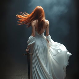 A captivating woman with long red hair flowing freely, wearing an elegant white gown that cascades gracefully to the ground