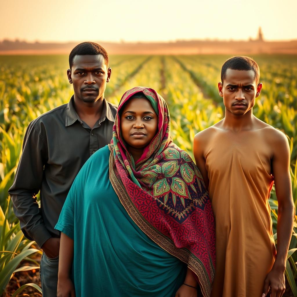 In an Egyptian agricultural field, a dark-skinned, plus-sized woman wearing a vibrant Hijab stands confidently