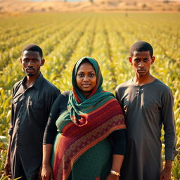 In an Egyptian agricultural field, a dark-skinned, plus-sized woman wearing a vibrant Hijab stands confidently