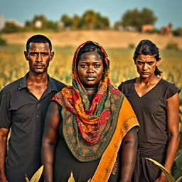 In an Egyptian agricultural field, a dark-skinned, plus-sized woman wearing a vibrant Hijab stands confidently