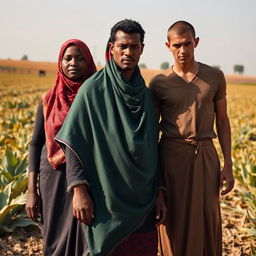 In an Egyptian agricultural field, a dark-skinned, plus-sized woman wearing a vibrant Hijab stands confidently