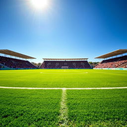 A lush green football pitch under a clear blue sky