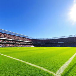 A lush green football pitch under a clear blue sky