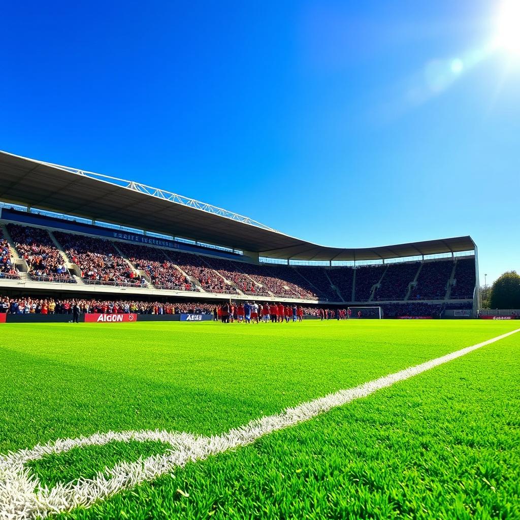 A lush green football pitch under a clear blue sky