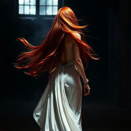 A captivating woman with long red hair flowing freely, wearing an elegant white gown that cascades gracefully to the ground