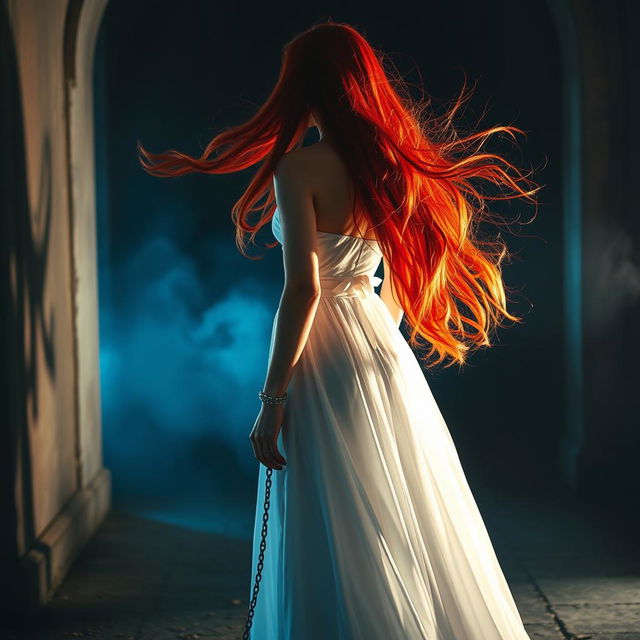 A captivating woman with long red hair flowing freely, wearing an elegant white gown that cascades gracefully to the ground