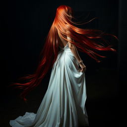 A captivating woman with long red hair flowing freely, wearing an elegant white gown that cascades gracefully to the ground