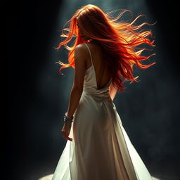 A captivating woman with long red hair flowing freely, wearing an elegant white gown that cascades gracefully to the ground