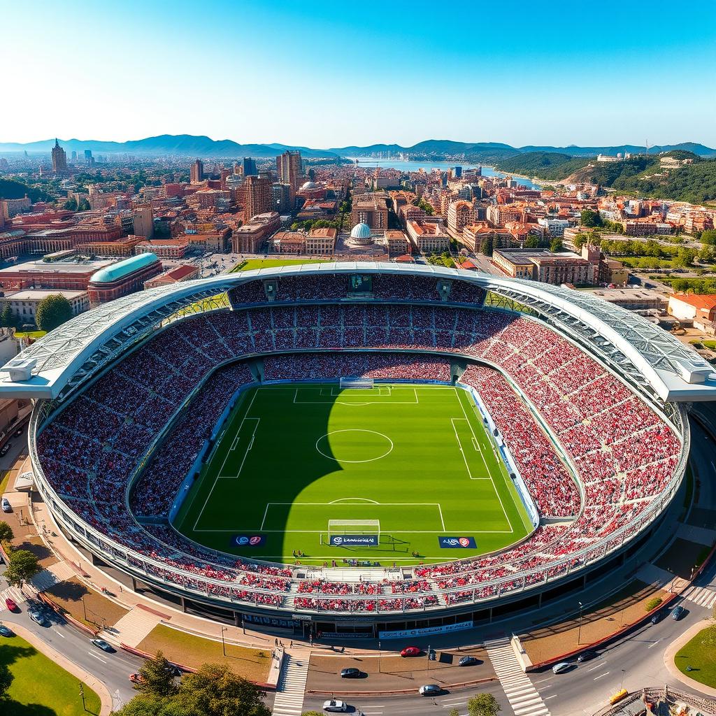 A stunning aerial view of the San Mames football stadium, showcasing its modern architectural design