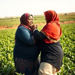 In an expansive agricultural field, a powerful portrayal of a dark-skinned, plus-sized woman wearing a vibrant Hijab, engaged in a wrestling match with a white woman also wearing a Hijab