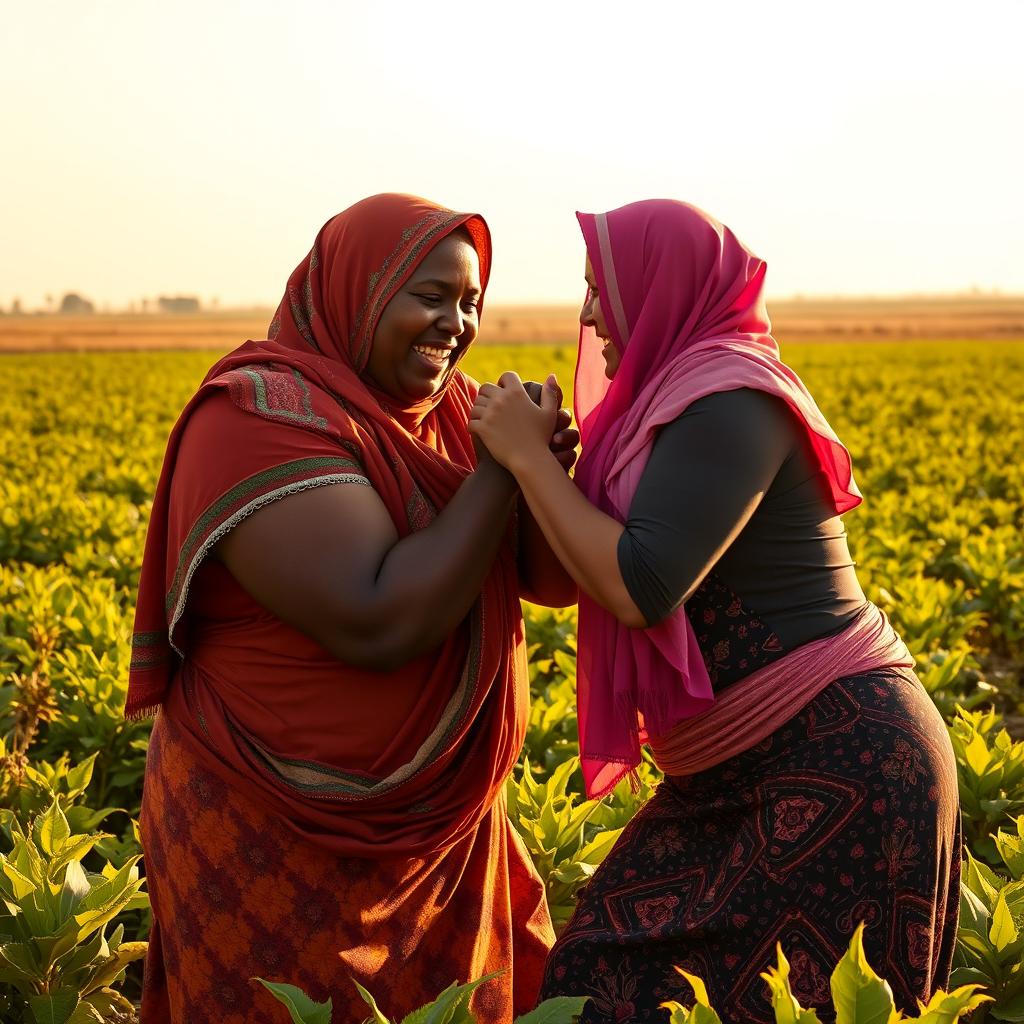 In an expansive agricultural field, a powerful portrayal of a dark-skinned, plus-sized woman wearing a vibrant Hijab, engaged in a wrestling match with a white woman also wearing a Hijab