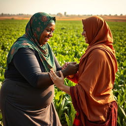 In an expansive agricultural field, a powerful portrayal of a dark-skinned, plus-sized woman wearing a vibrant Hijab, engaged in a wrestling match with a white woman also wearing a Hijab