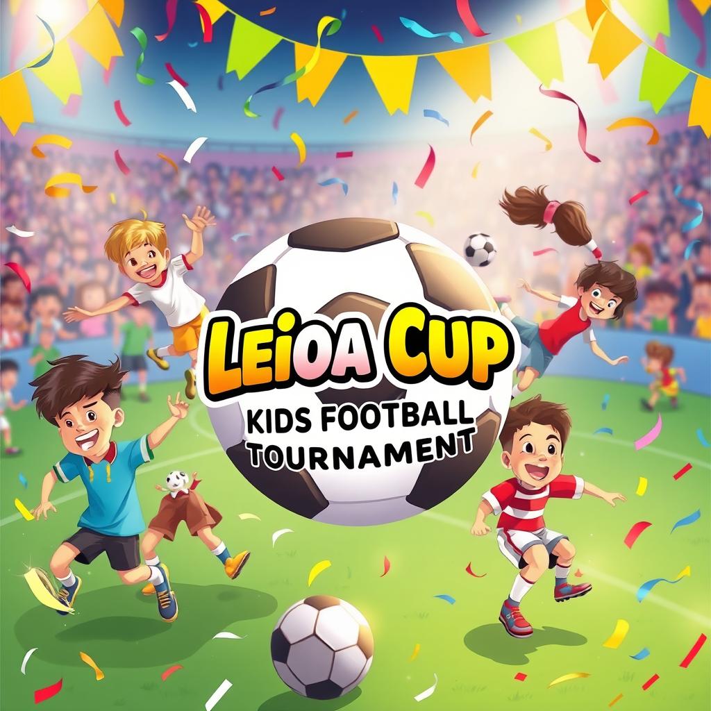 A vibrant and energetic promotional poster for the Leioa Cup Kids Football Tournament