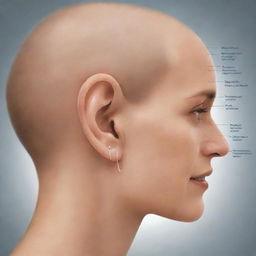 An illustrative diagram displaying the functions of the human ear. Highlight the various stages of hearing, namely, sound wave collection, vibration of the eardrum, movement of ear ossicles, fluid motion in cochlea, and signal transmission to the brain.