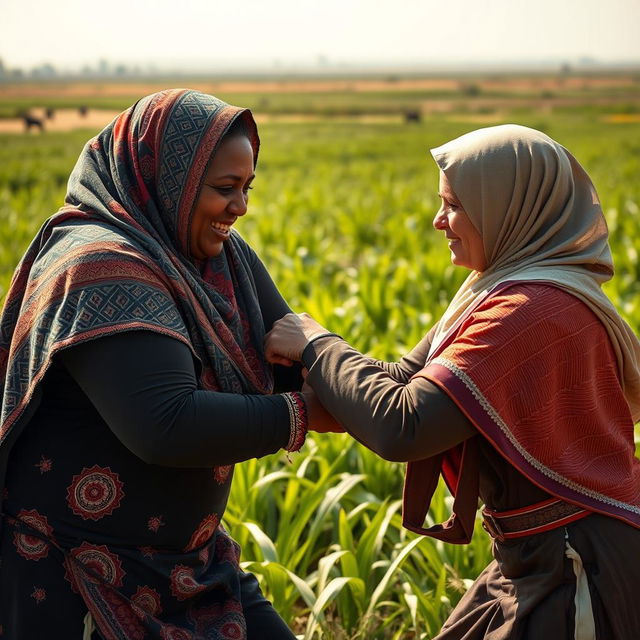 In an extensive agricultural field, a dynamic scene unfolds with a dark-skinned, plus-sized woman wearing a vibrant Hijab, engaged in a wrestling match with a white woman also adorned in a Hijab