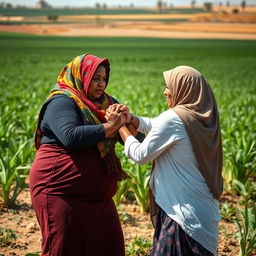 In an extensive agricultural field, a dynamic scene unfolds with a dark-skinned, plus-sized woman wearing a vibrant Hijab, engaged in a wrestling match with a white woman also adorned in a Hijab