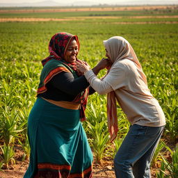 In an extensive agricultural field, a dynamic scene unfolds with a dark-skinned, plus-sized woman wearing a vibrant Hijab, engaged in a wrestling match with a white woman also adorned in a Hijab