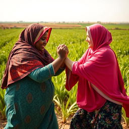 In an extensive agricultural field, a dynamic scene unfolds with a dark-skinned, plus-sized woman wearing a vibrant Hijab, engaged in a wrestling match with a white woman also adorned in a Hijab