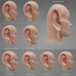 An illustrative diagram displaying the functions of the human ear. Highlight the various stages of hearing, namely, sound wave collection, vibration of the eardrum, movement of ear ossicles, fluid motion in cochlea, and signal transmission to the brain.