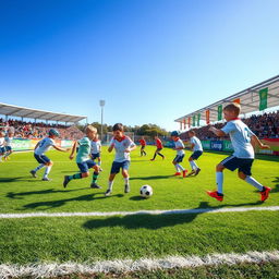 A soccer tournament scene featuring young boys playing in a vibrant and exciting match