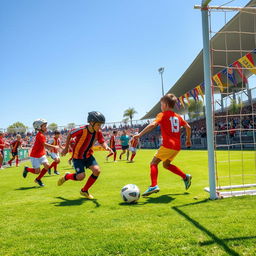 A soccer tournament scene featuring young boys playing in a vibrant and exciting match