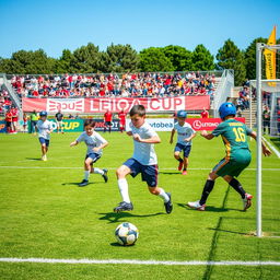 A soccer tournament scene featuring young boys playing in a vibrant and exciting match