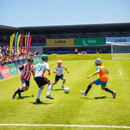 A soccer tournament scene featuring young boys playing in a vibrant and exciting match