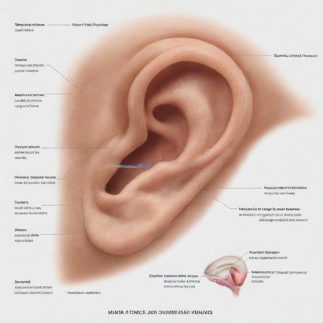 An illustrative diagram displaying the functions of the human ear. Highlight the various stages of hearing, namely, sound wave collection, vibration of the eardrum, movement of ear ossicles, fluid motion in cochlea, and signal transmission to the brain.