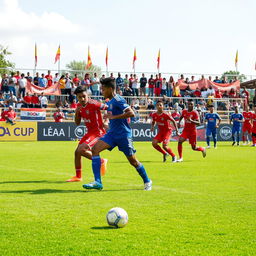 A vibrant scene from the Leioa Cup football tournament, showcasing a diverse group of young adult football players in action on a lush green soccer field