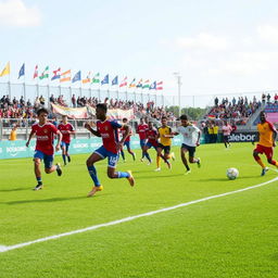 A vibrant scene from the Leioa Cup football tournament, showcasing a diverse group of young adult football players in action on a lush green soccer field