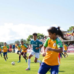 A vibrant scene from the Leioa Cup football tournament, showcasing a diverse group of young adult football players in action on a lush green soccer field