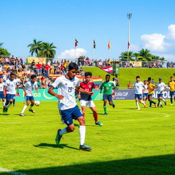 A vibrant scene from the Leioa Cup football tournament, showcasing a diverse group of young adult football players in action on a lush green soccer field