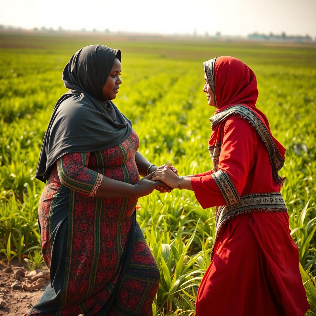 In the midst of an Egyptian agricultural field, a dynamic wrestling match unfolds between a short dark-skinned woman, who is plus-sized and wearing a Hijab, and a taller woman also adorned in a Hijab