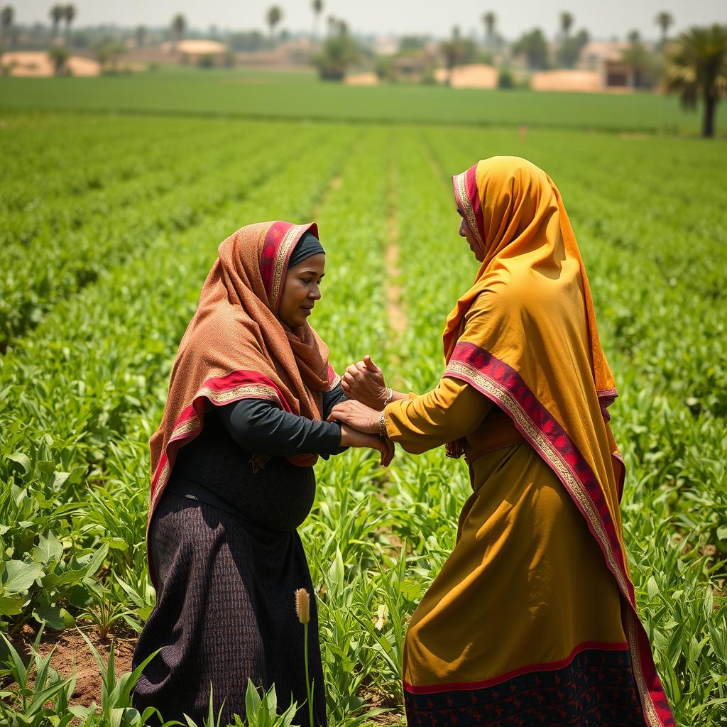 In the midst of an Egyptian agricultural field, a dynamic wrestling match unfolds between a short dark-skinned woman, who is plus-sized and wearing a Hijab, and a taller woman also adorned in a Hijab