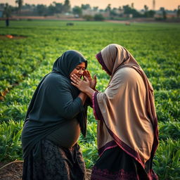 In the midst of an Egyptian agricultural field, a dynamic wrestling match unfolds between a short dark-skinned woman, who is plus-sized and wearing a Hijab, and a taller woman also adorned in a Hijab