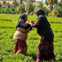 In the midst of an Egyptian agricultural field, a dynamic wrestling match unfolds between a short dark-skinned woman, who is plus-sized and wearing a Hijab, and a taller woman also adorned in a Hijab