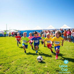 A vibrant and energetic scene of a Leioa Cup Kids football tournament