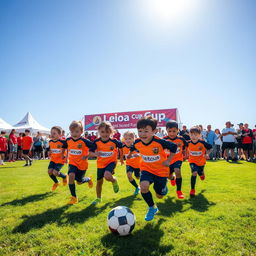 A vibrant and energetic scene of a Leioa Cup Kids football tournament