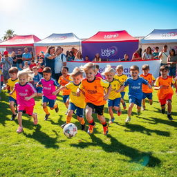 A vibrant and energetic scene of a Leioa Cup Kids football tournament