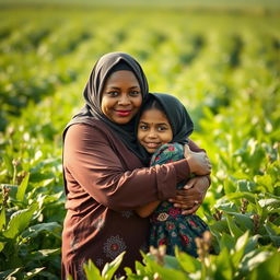 In a modern Egyptian agricultural field, a touching scene unfolds featuring a dark-skinned, plus-sized woman wearing a Hijab