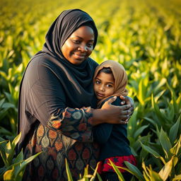 In a modern Egyptian agricultural field, a touching scene unfolds featuring a dark-skinned, plus-sized woman wearing a Hijab