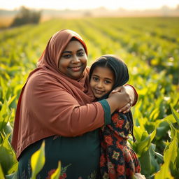 In a modern Egyptian agricultural field, a touching scene unfolds featuring a dark-skinned, plus-sized woman wearing a Hijab