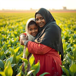 In a modern Egyptian agricultural field, a touching scene unfolds featuring a dark-skinned, plus-sized woman wearing a Hijab