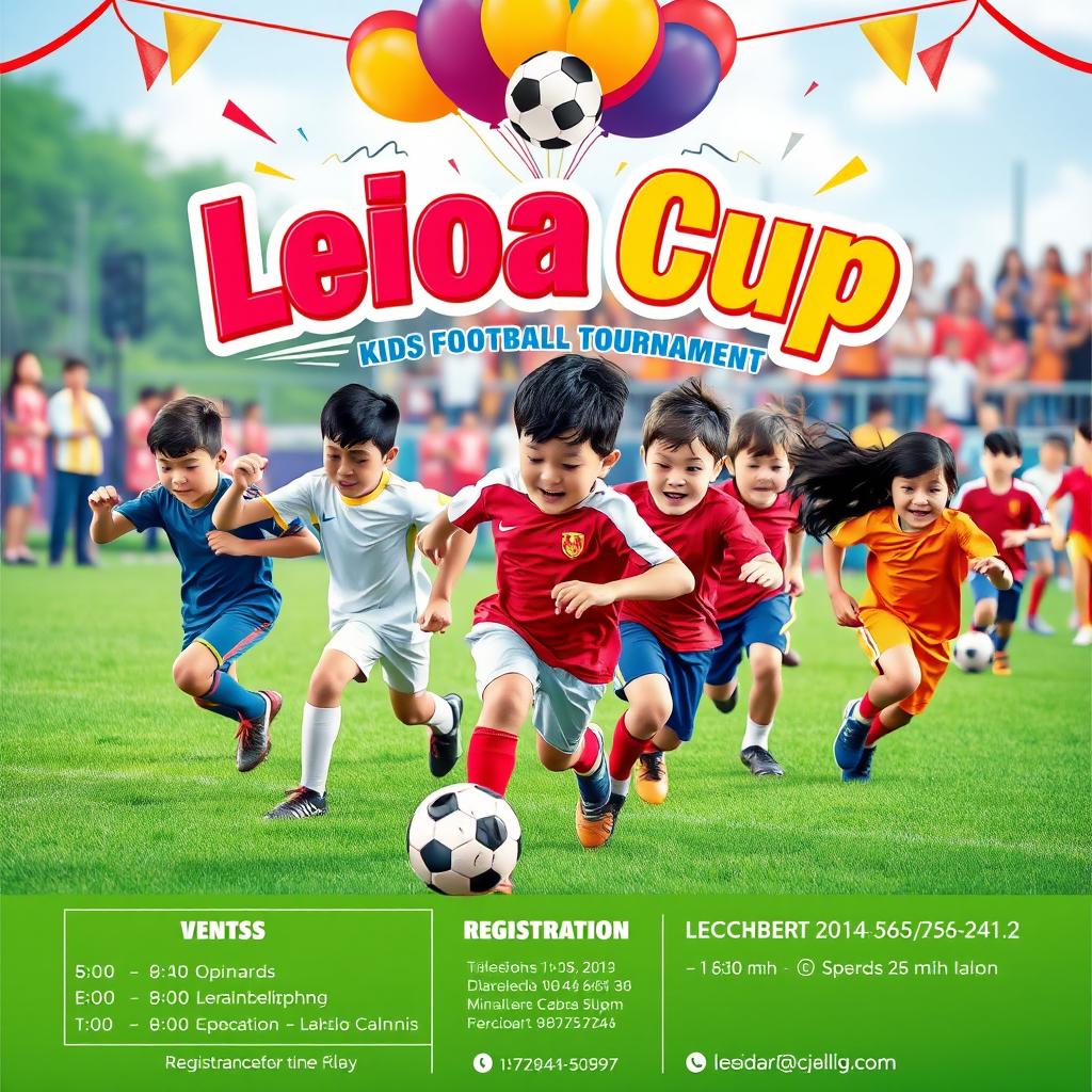 A vibrant announcement poster for the Leioa Cup kids football tournament