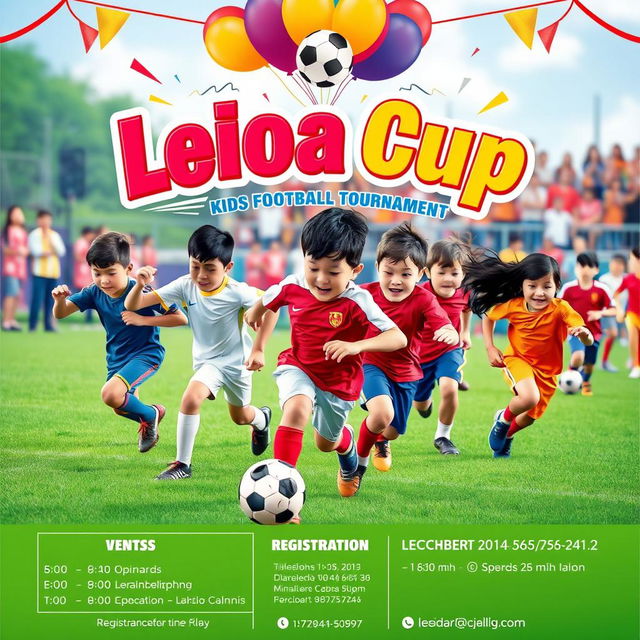 A vibrant announcement poster for the Leioa Cup kids football tournament