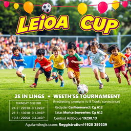 A vibrant announcement poster for the Leioa Cup kids football tournament