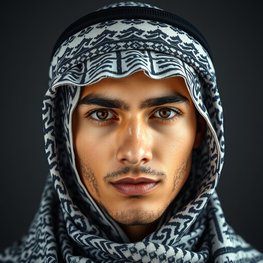 A young man wearing a professional quality Arabic shemagh, carefully wrapped and styled to showcase its intricate design